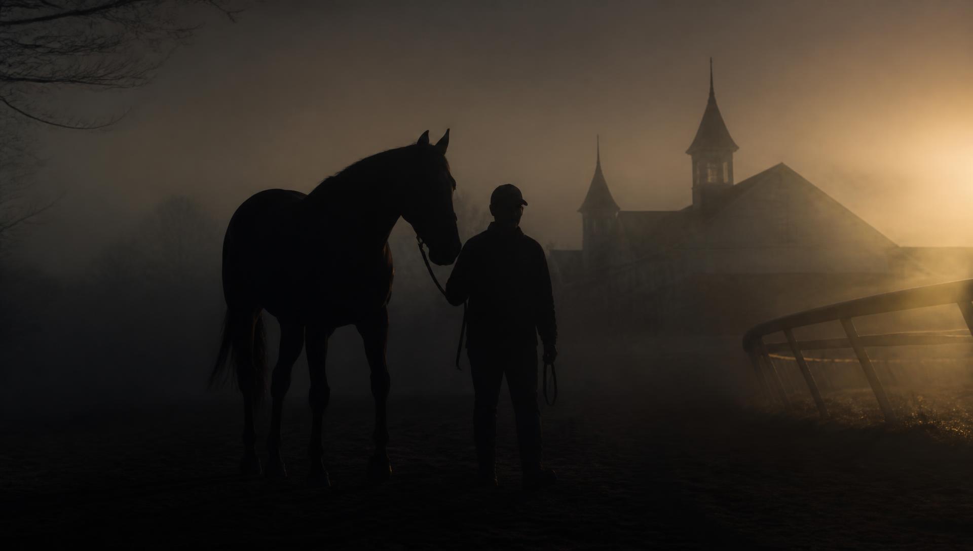 A Thoroughbred and horseman in fog before dawn