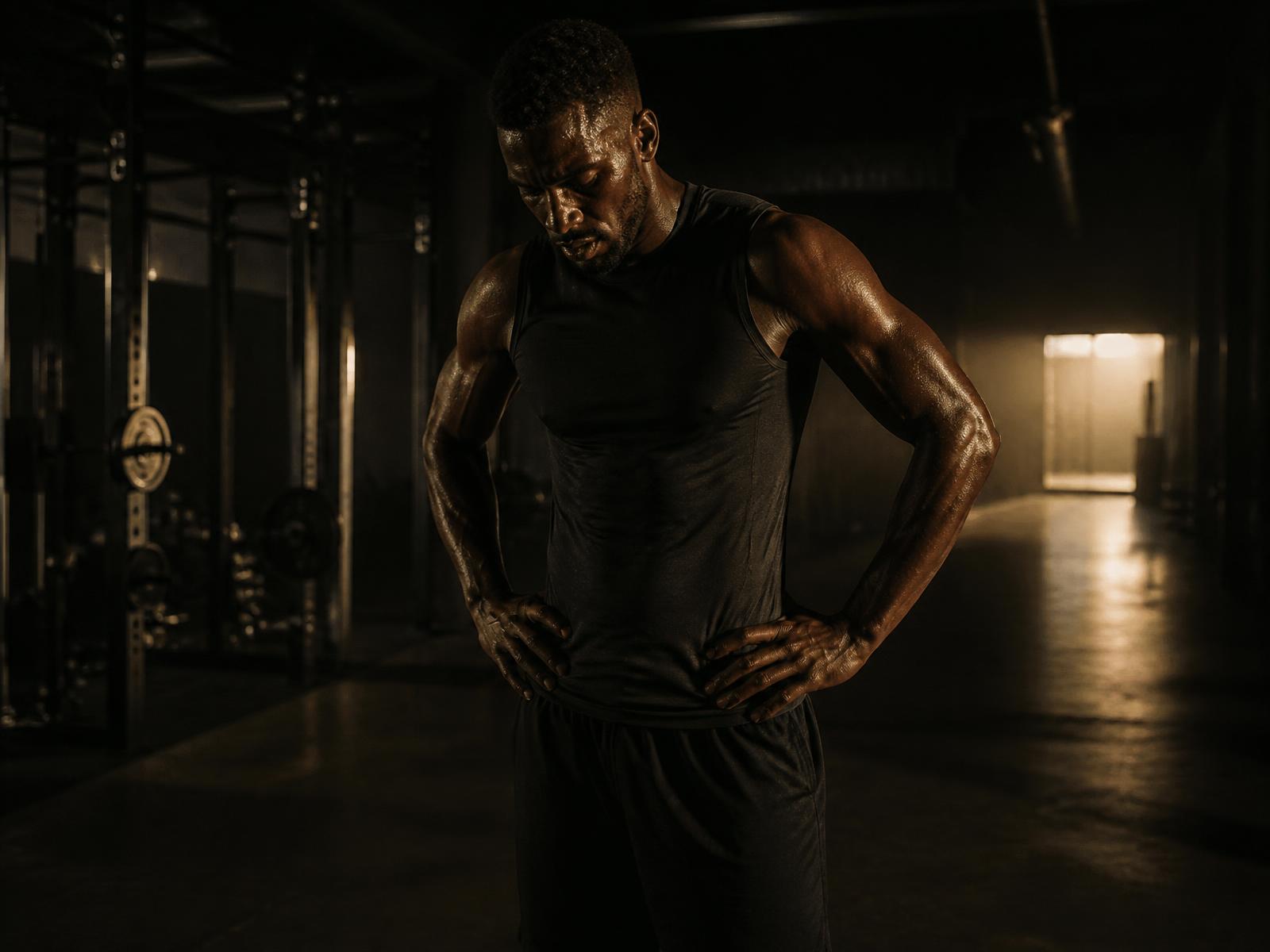 An athlete after a hard training session in a dim gym